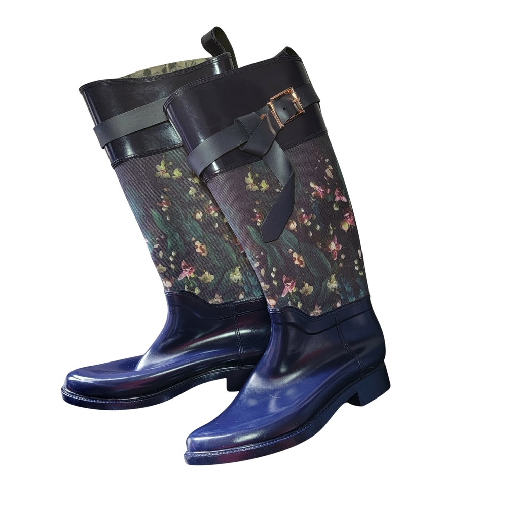 Ted Baker Hampto Blue Floral Tall Rain Boots with Buckle Strap Size 8 - Picture 3 of 14
